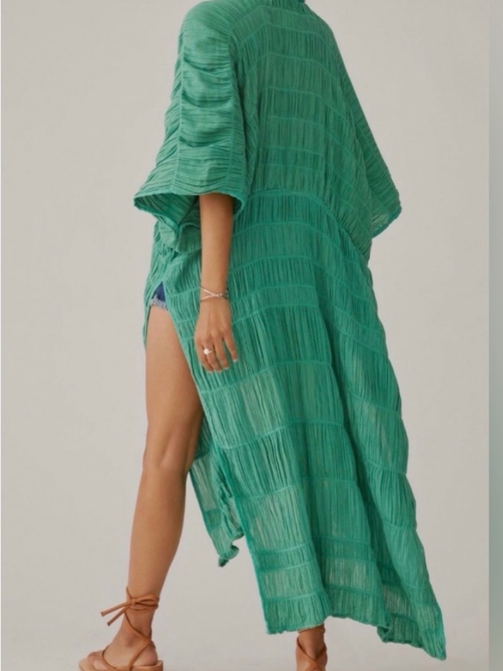 Anthropologie Maeve Ruched Side-Slit Kimono Green Smocked Top Sz OS - Picture 2 of 10
